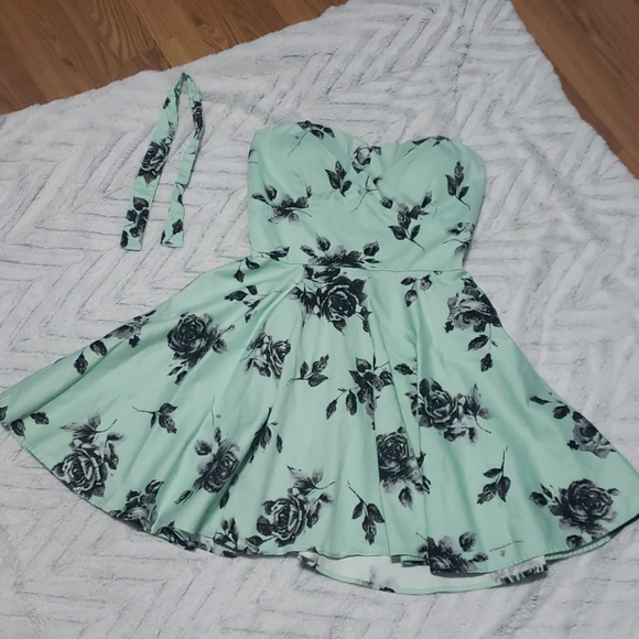 Mint green gray flowered flowy strapless dress L - Picture 1 of 8